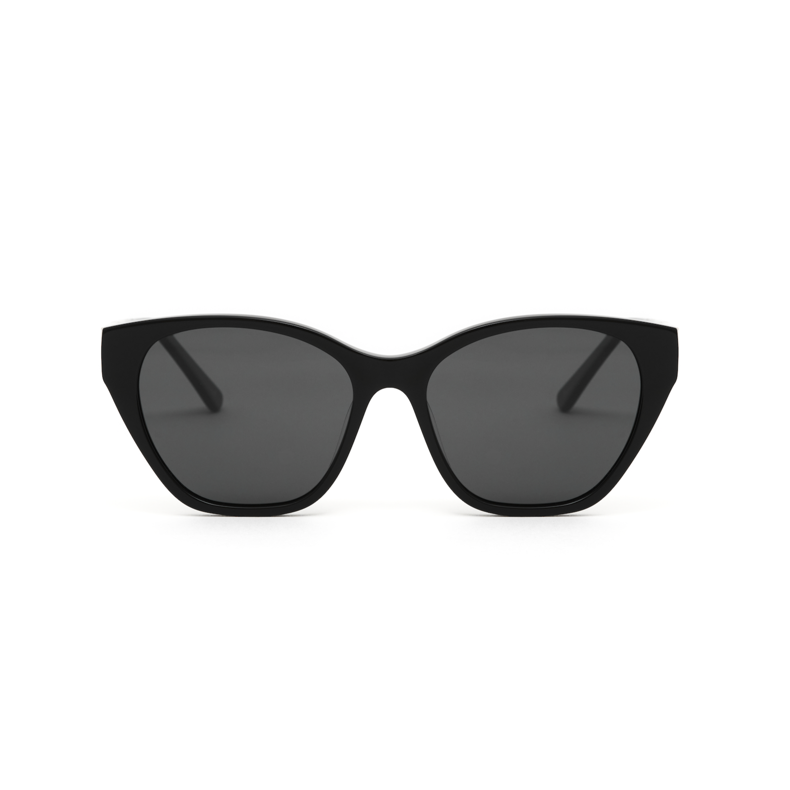KayTran Eyewears Taylor - Polished Black cat-eye sunglasses with dark lenses, front view on a white background.