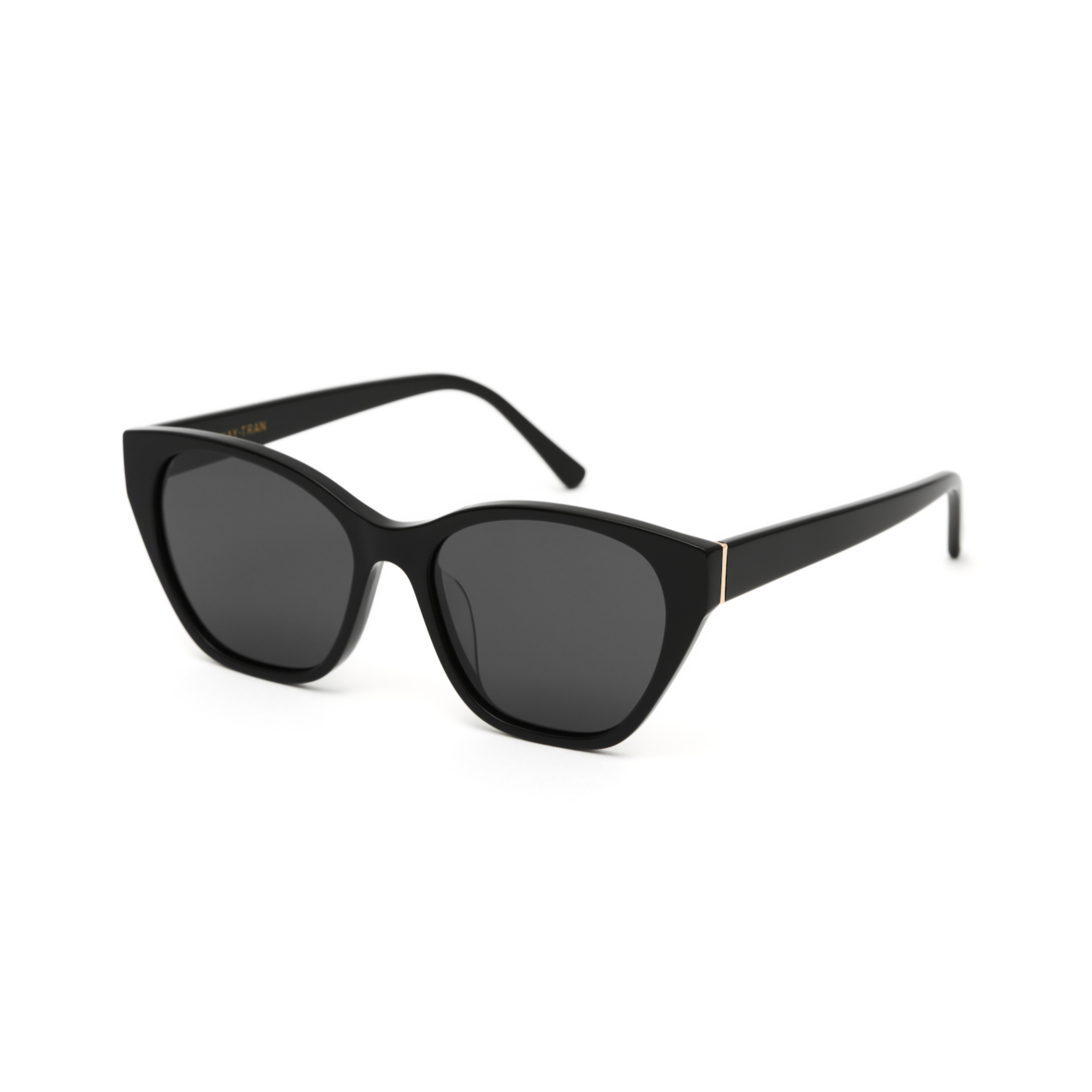 KayTran Eyewears Taylor - Polished Black cat-eye sunglasses feature dark lenses and gold hinge details on a white background.