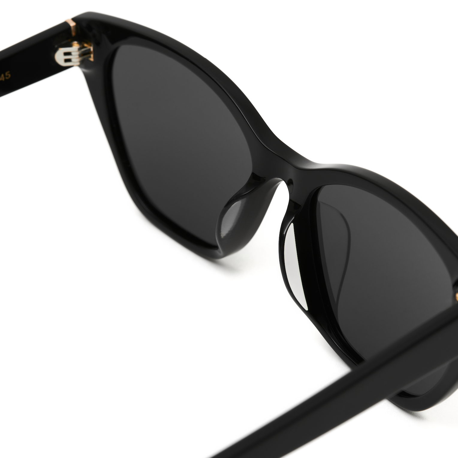 Close-up of KayTran Eyewear’s Taylor - Polished Black sunglasses with dark lenses and gold temple accents.