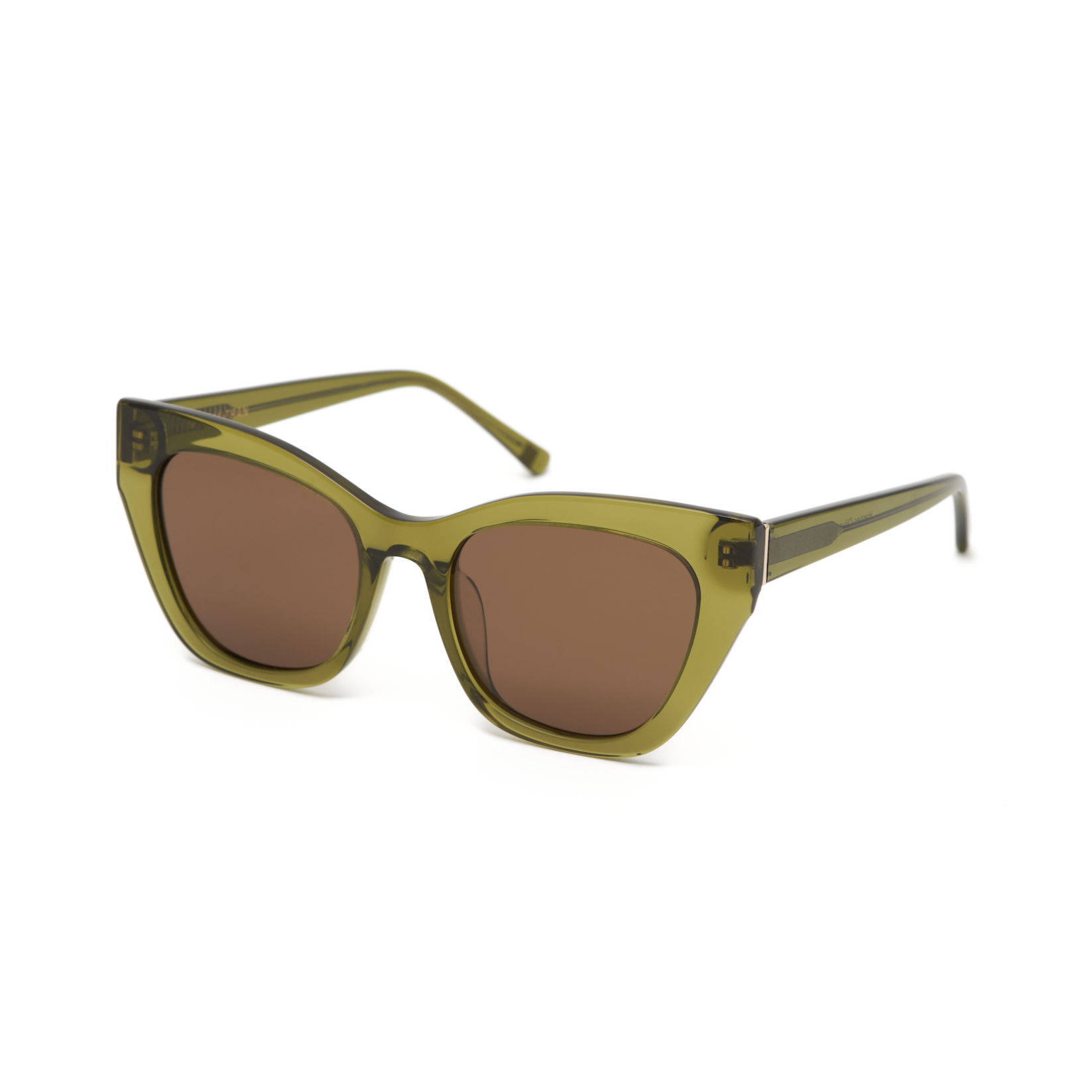 Harper - Olive cat-eye sunglasses by KayTran Eyewear with brown tinted lenses, shown on a white background.