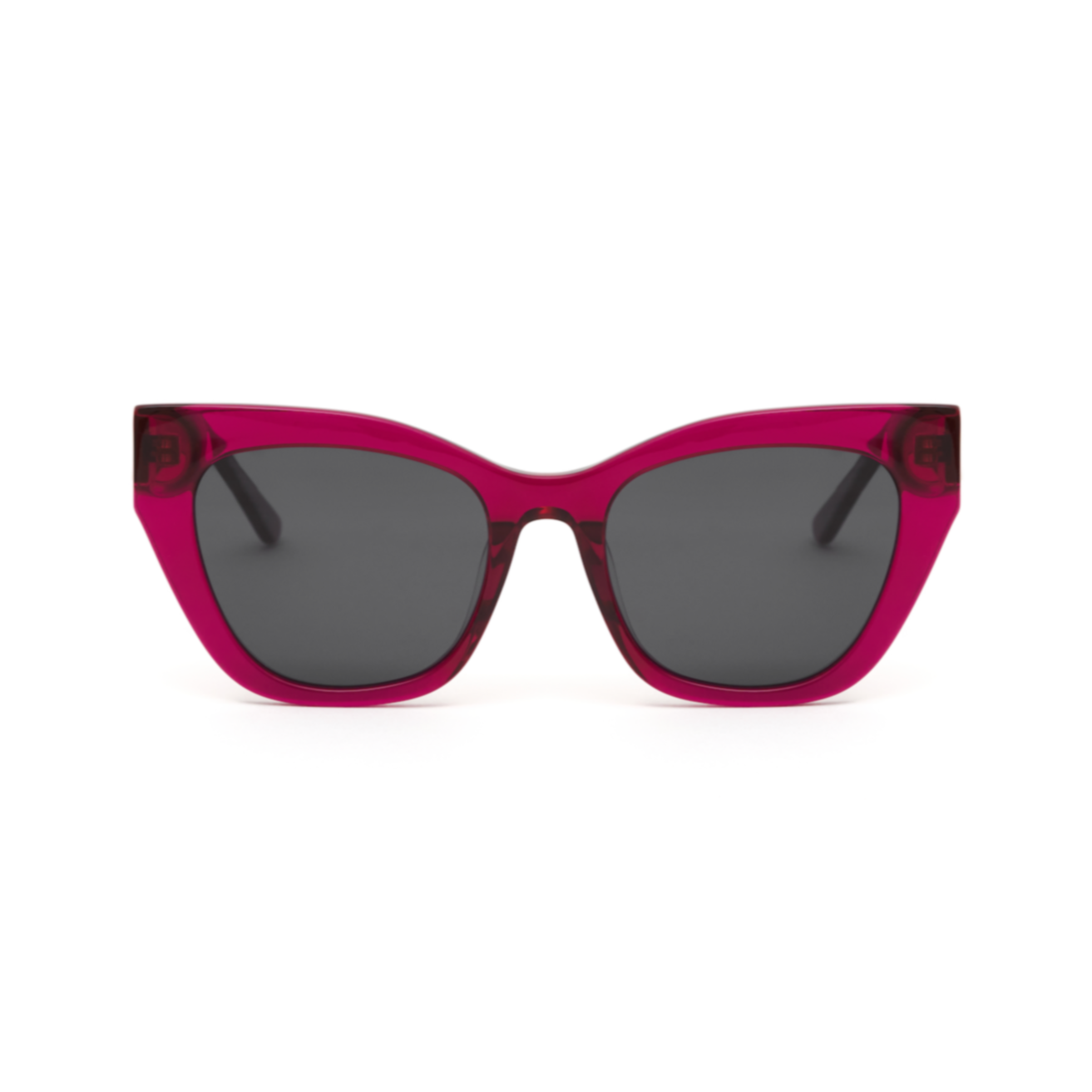 Front view of KayTran Eyewears Harper - Berry cat-eye sunglasses with dark lenses and bold, translucent pink frames.