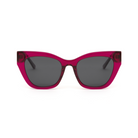 Front view of KayTran Eyewears Harper - Berry cat-eye sunglasses with dark lenses and bold, translucent pink frames.