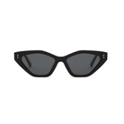 Naomi - Polished Black cat-eye sunglasses by KayTran Eyewear, dark lenses, front view on white background.