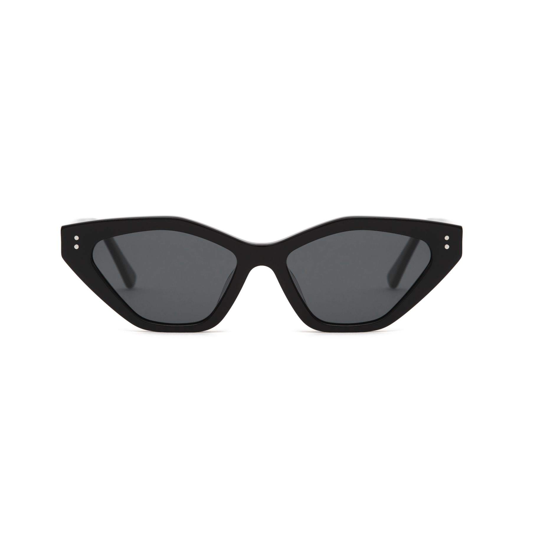 Naomi - Polished Black cat-eye sunglasses by KayTran Eyewear, dark lenses, front view on white background.