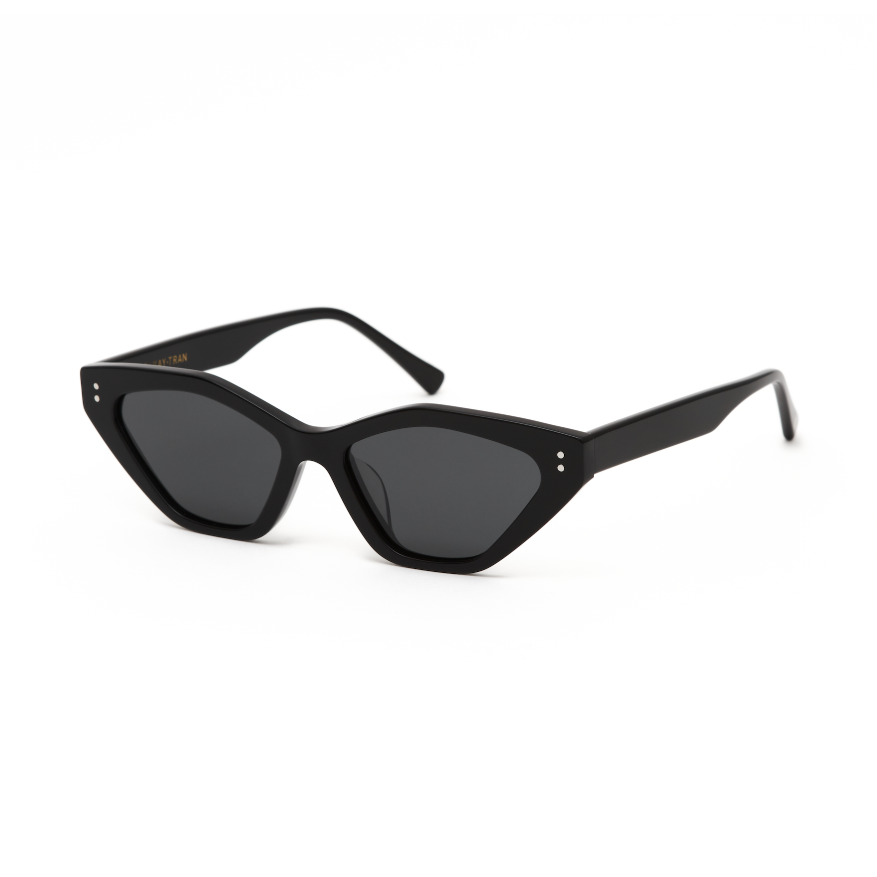 KayTran Eyewears Naomi - Polished Black cat-eye sunglasses with dark lenses on a white background.