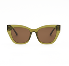 Harper - Olive cat-eye sunglasses by KayTran Eyewear with brown lenses, shown on a white background.