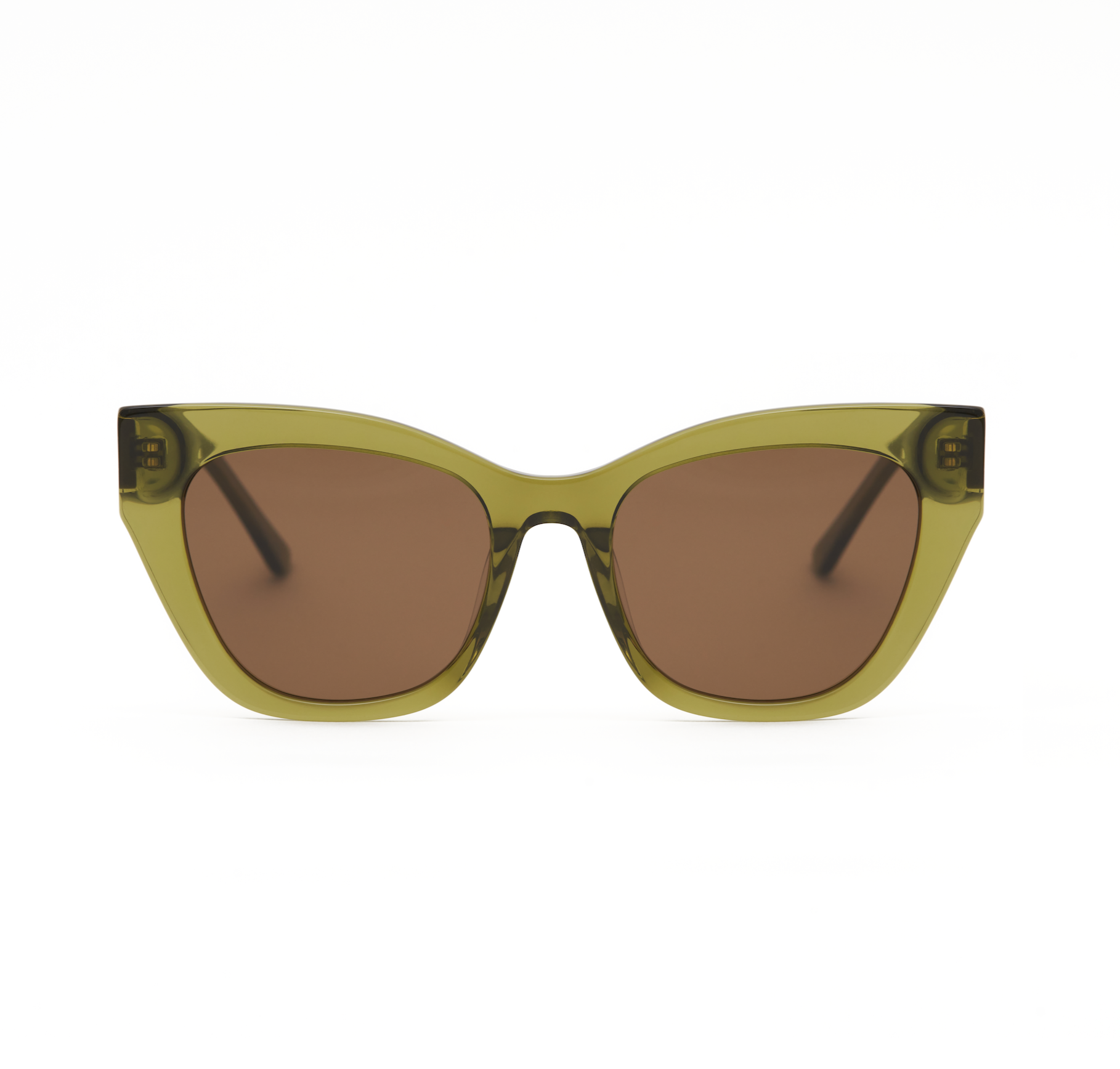 Harper - Olive cat-eye sunglasses by KayTran Eyewear with brown lenses, shown on a white background.