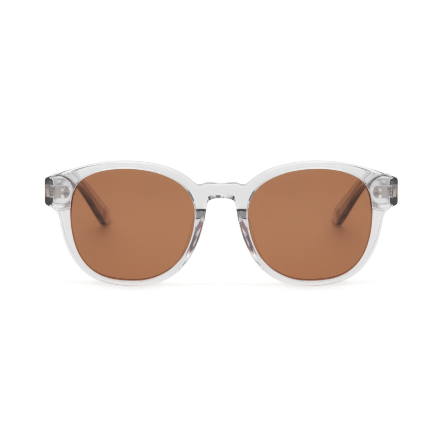 KayTran Eyewears Reese - Fog sunglasses feature clear frames and round brown tinted lenses on a white background.