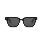 Charlie - Polished Black by KayTran Eyewear, black rectangular sunglasses with dark lenses on a white background.