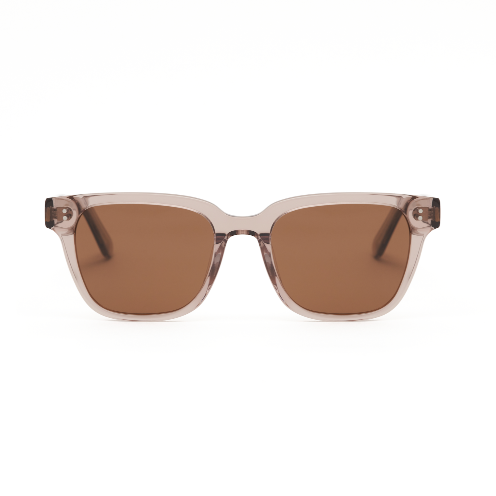 Charlie - Stone Taupe sunglasses by KayTran Eyewear feature brown lenses and transparent square frames on a white background.
