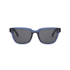 Front view of KayTran Eyewear Charlie - Dark Denim blue-framed sunglasses with dark lenses on white background.