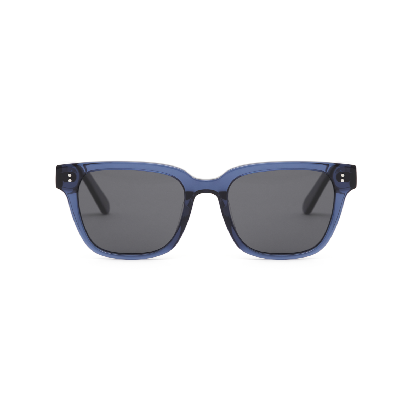 Front view of KayTran Eyewear Charlie - Dark Denim blue-framed sunglasses with dark lenses on white background.
