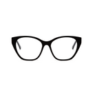 Taylor Optical - Polished Black cat-eye frames by KayTran Eyewear with clear lenses on a white background.