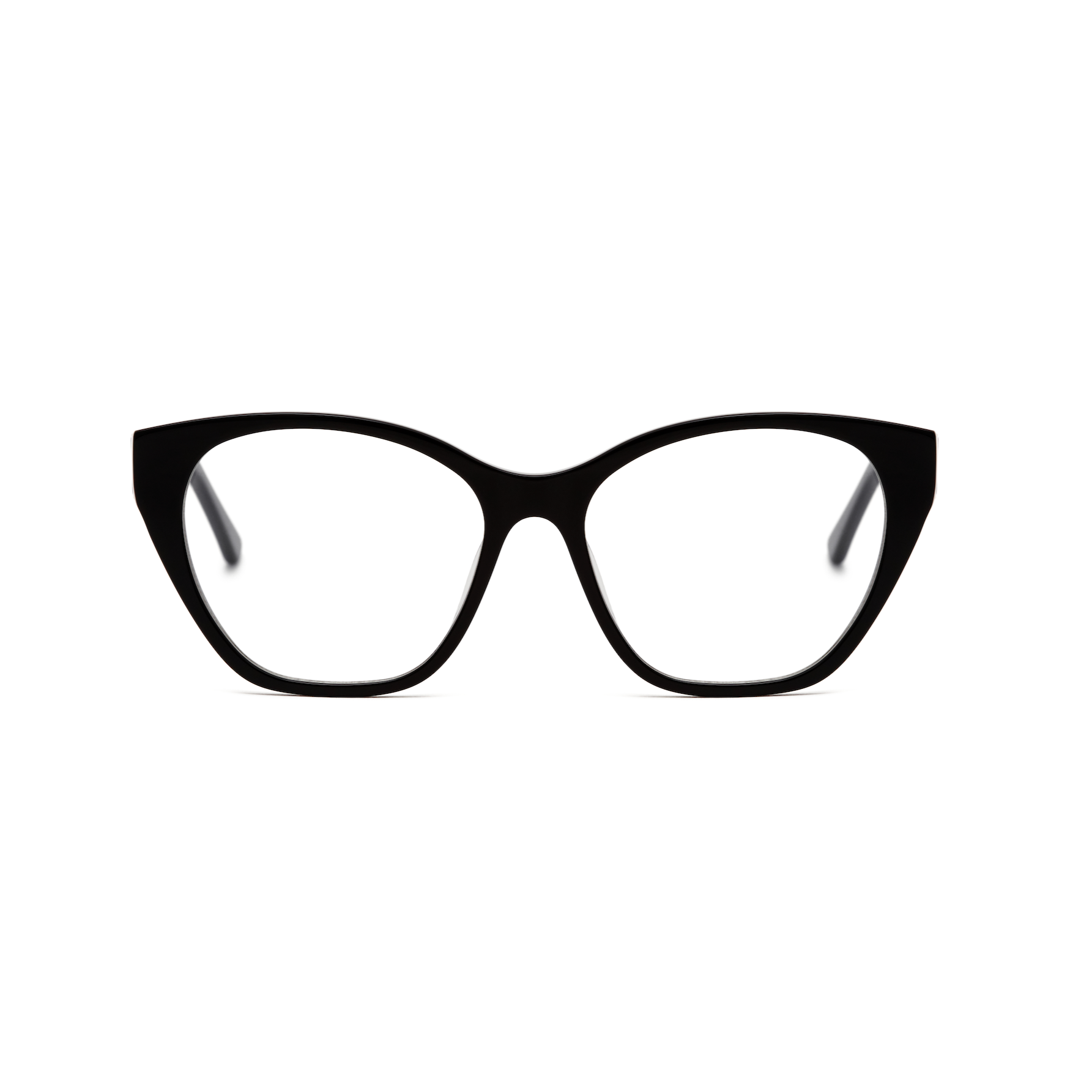 Taylor Optical - Polished Black cat-eye frames by KayTran Eyewear with clear lenses on a white background.
