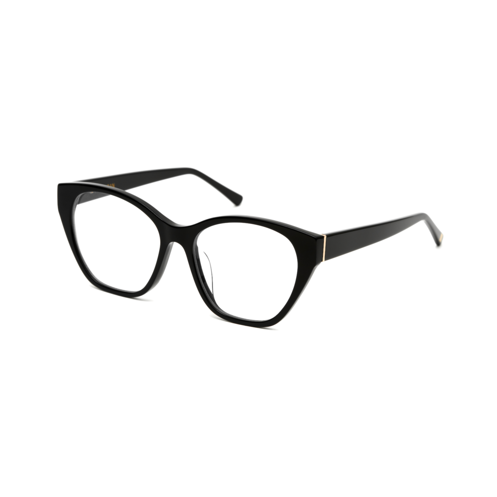 Taylor Optical - Polished Black cat-eye eyeglasses by KayTran Eyewear with thick frames, angled on a white background.