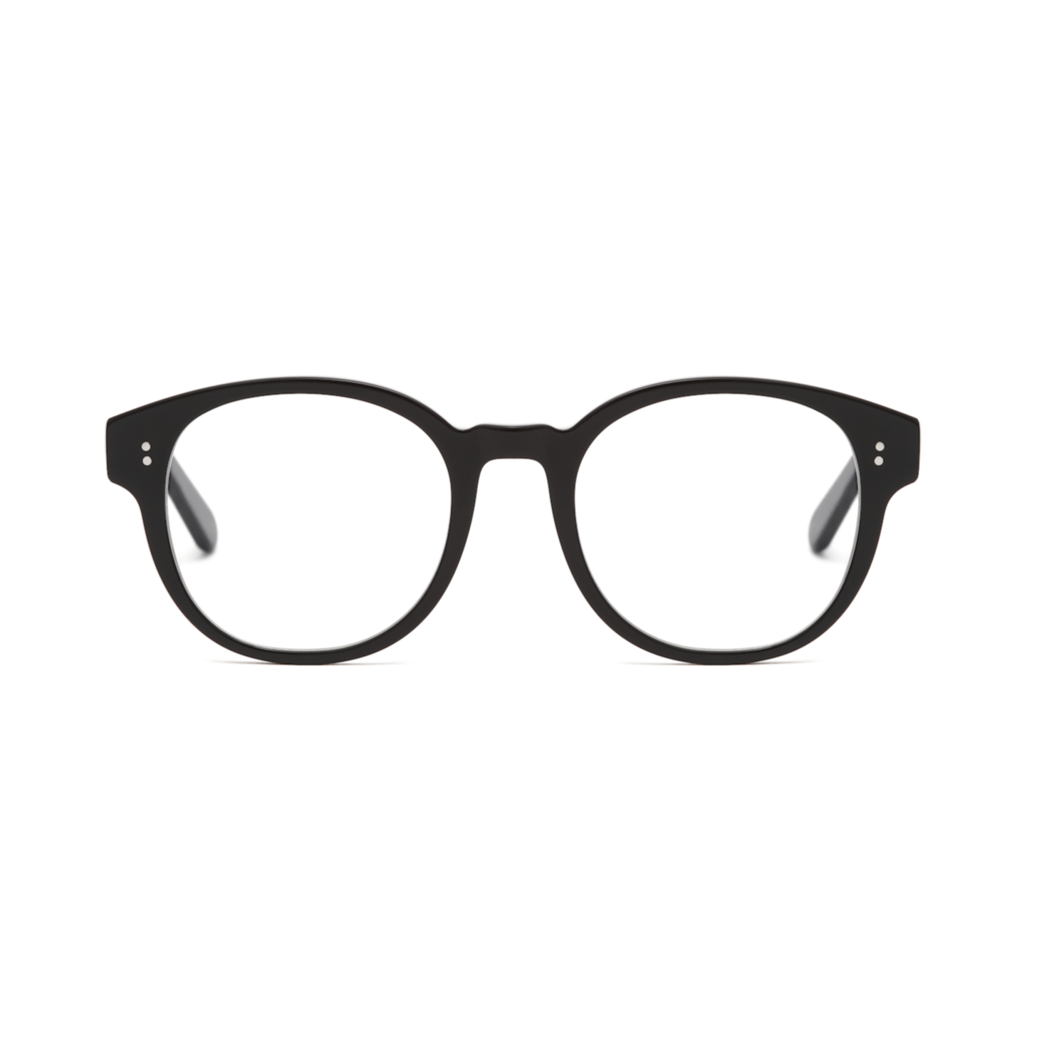 KayTran Eyewear Reese Optical in polished black, round clear-lens glasses shown front on a white background.