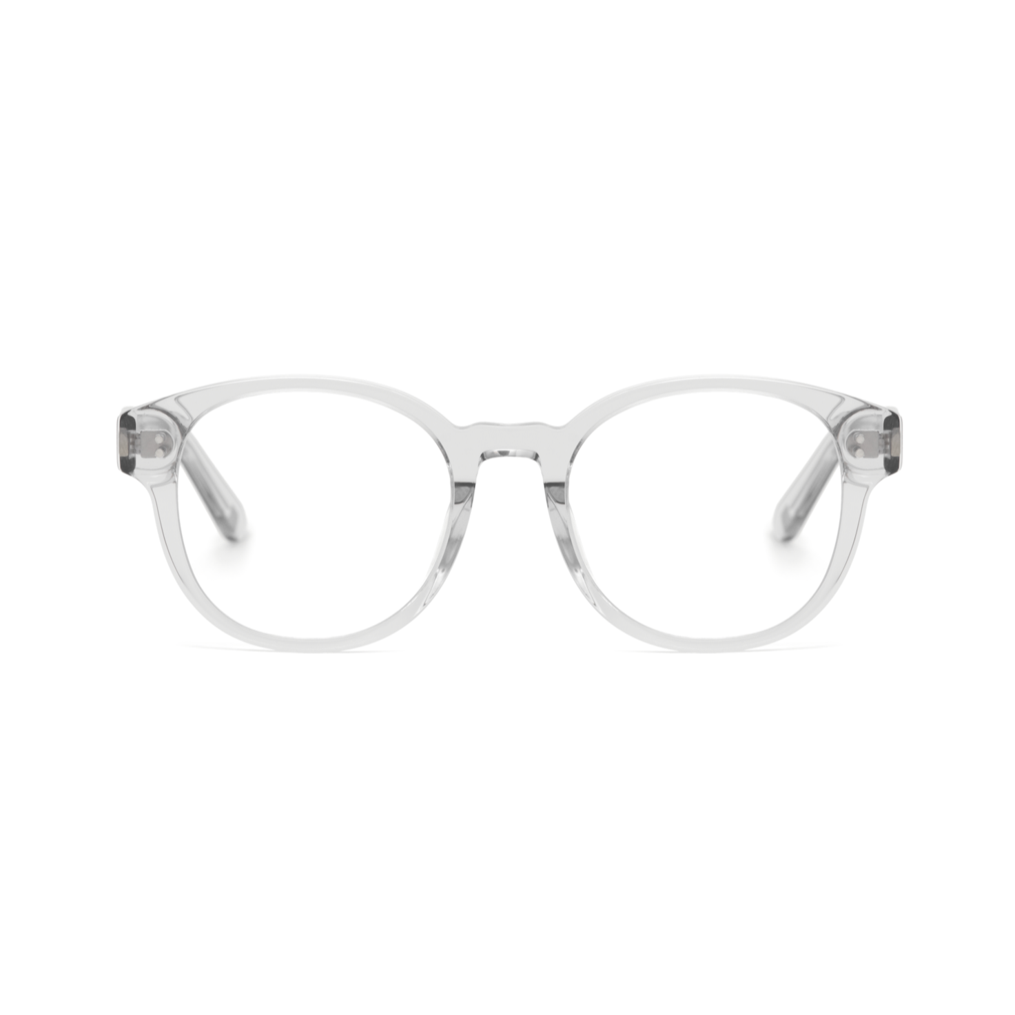 Reese Optical - Fog by KayTran Eyewear: clear round eyeglasses with transparent frames, front view on white background.