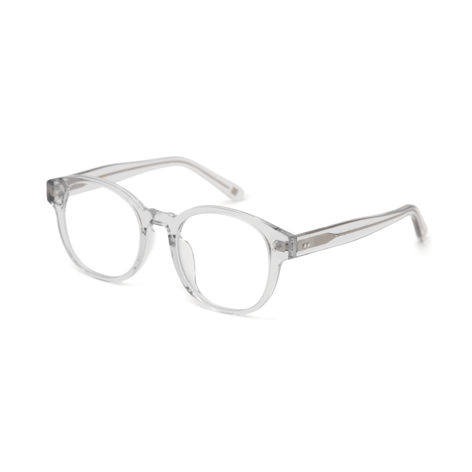 KayTran Eyewears Reese Optical - Fog: clear round plastic frames, slightly thick, shown at a three-quarter angle.