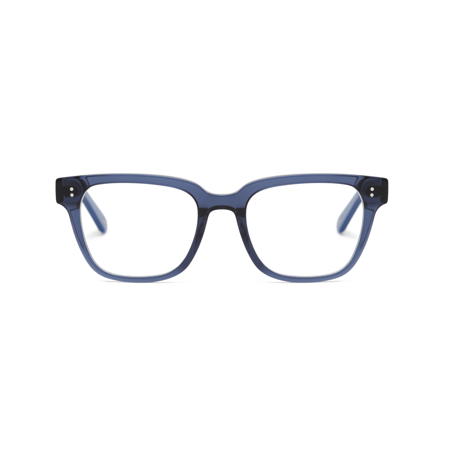 Charlie Optical - Dark Denim rectangular frames by KayTran Eyewear, blue with clear lenses on a white background.