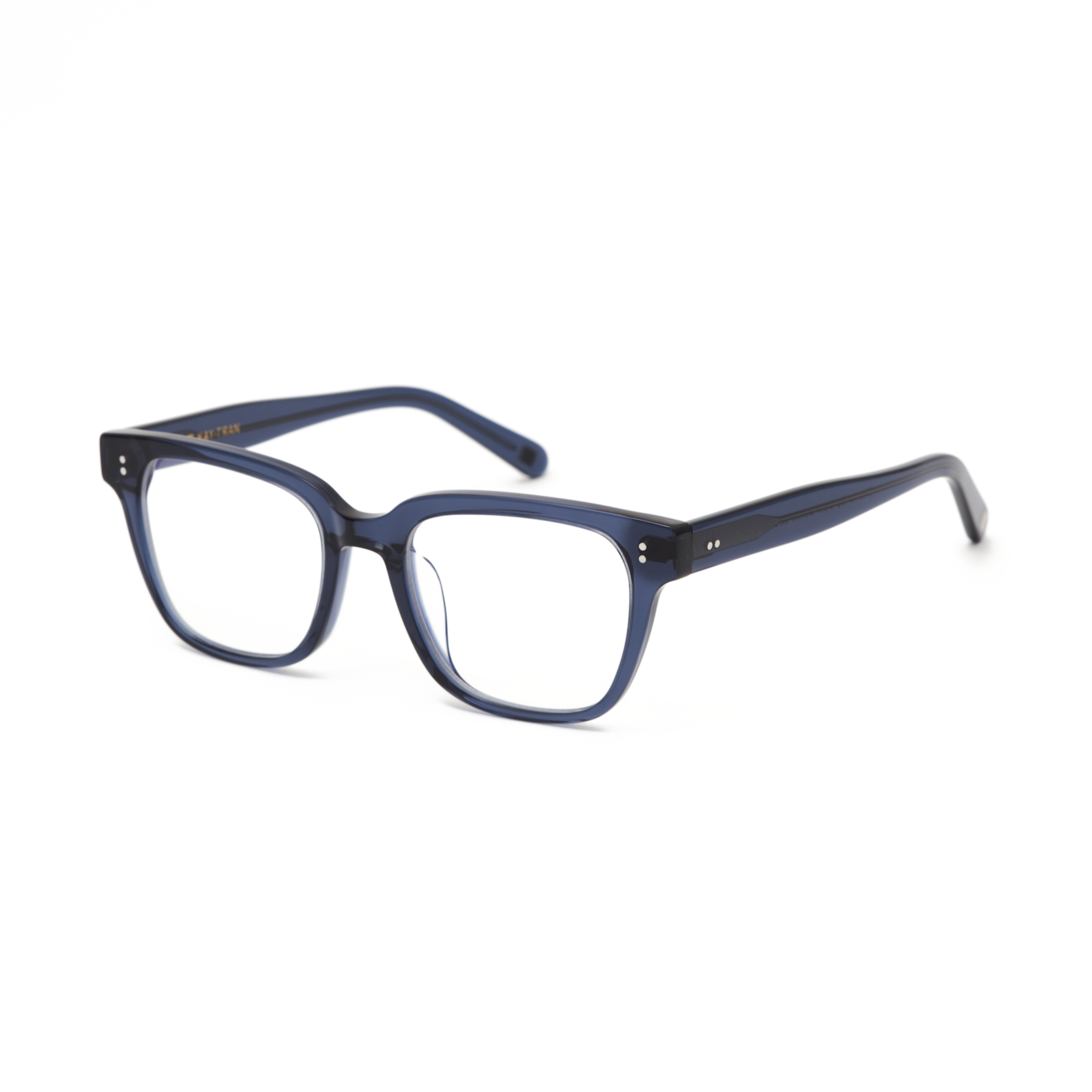 Charlie Optical - Dark Denim by KayTran Eyewear: blue rectangular eyeglasses with clear lenses on white background.