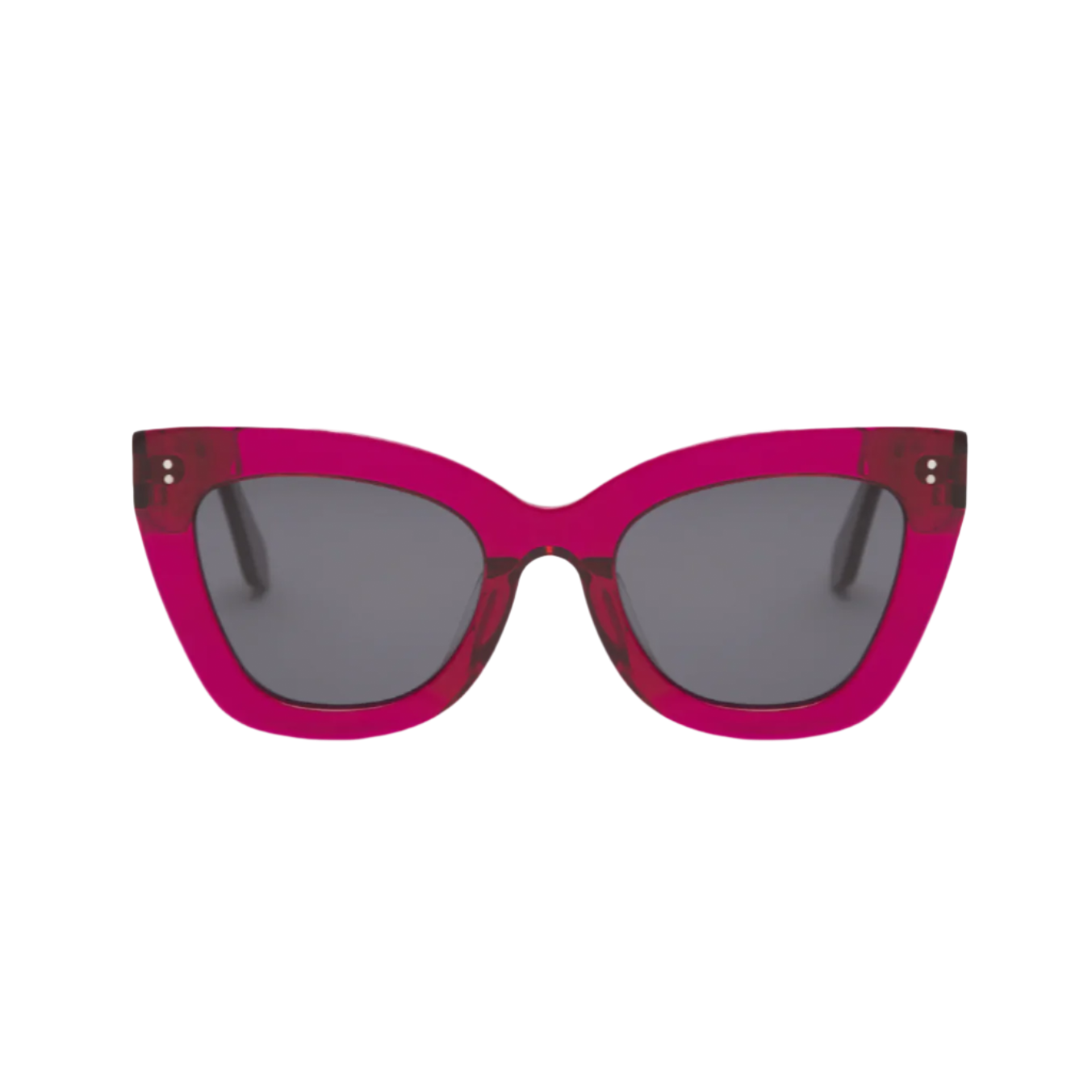 Front view of KayTran Eyewear Arlo - Berry cat-eye sunglasses with translucent pink frames and dark lenses.