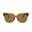 KayTran Eyewear Rowan - Olive: rectangular olive green sunglasses with brown tinted lenses, front view on white.