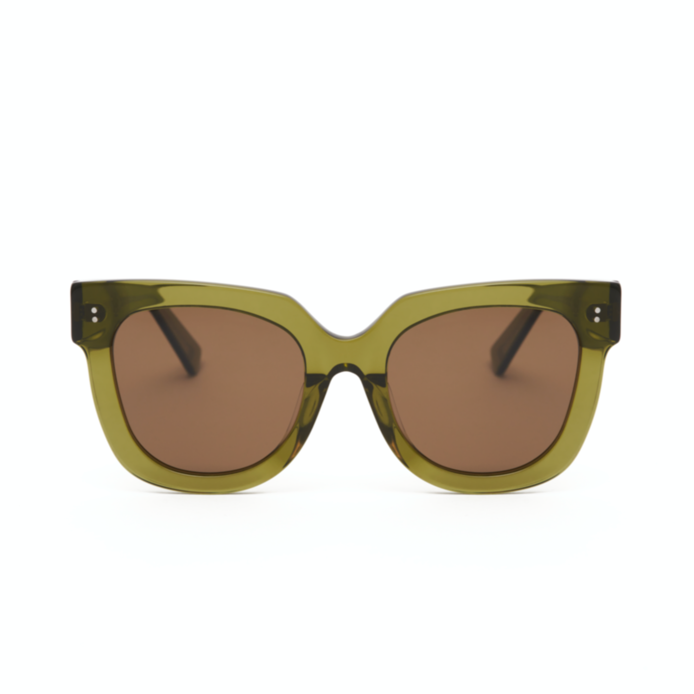 KayTran Eyewear Rowan - Olive: rectangular olive green sunglasses with brown tinted lenses, front view on white.