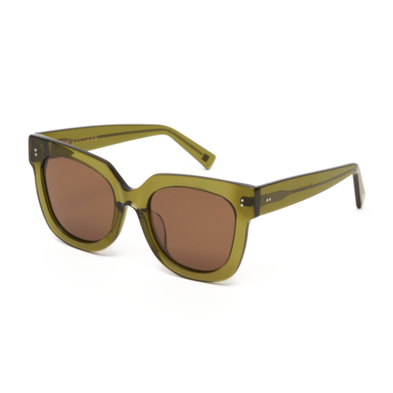 Rowan - Olive by KayTran Eyewear: olive square sunglasses with brown tinted lenses on a white background.