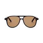 Knox by KayTran Eyewear: black aviator sunglasses with brown lenses shown on a white background.