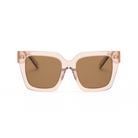 Logan - Bloom by KayTran Eyewear: square, translucent pink sunglasses with brown tinted lenses shown front view.