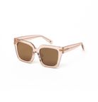 Logan - Bloom by KayTran Eyewear: square sunglasses with light pink rims and brown lenses on a white background.