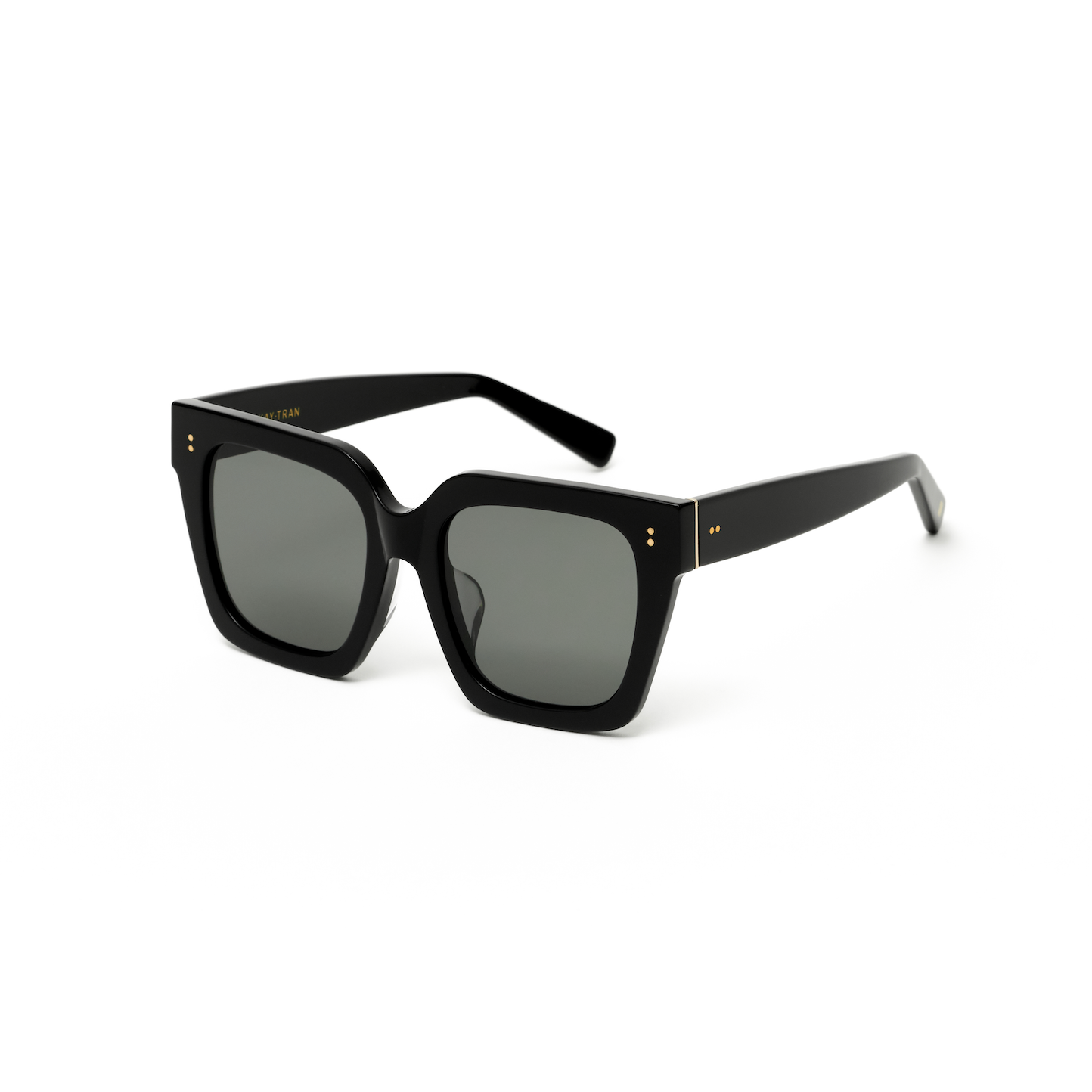 KayTran Eyewear Logan - Polished Black square sunglasses with dark lenses and gold accents, on white background.