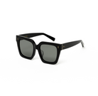 KayTran Eyewear Logan - Polished Black square sunglasses with dark lenses and gold accents, on white background.