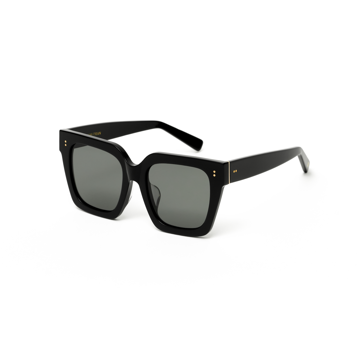 KayTran Eyewear Logan - Polished Black square sunglasses with dark lenses and gold accents, on white background.