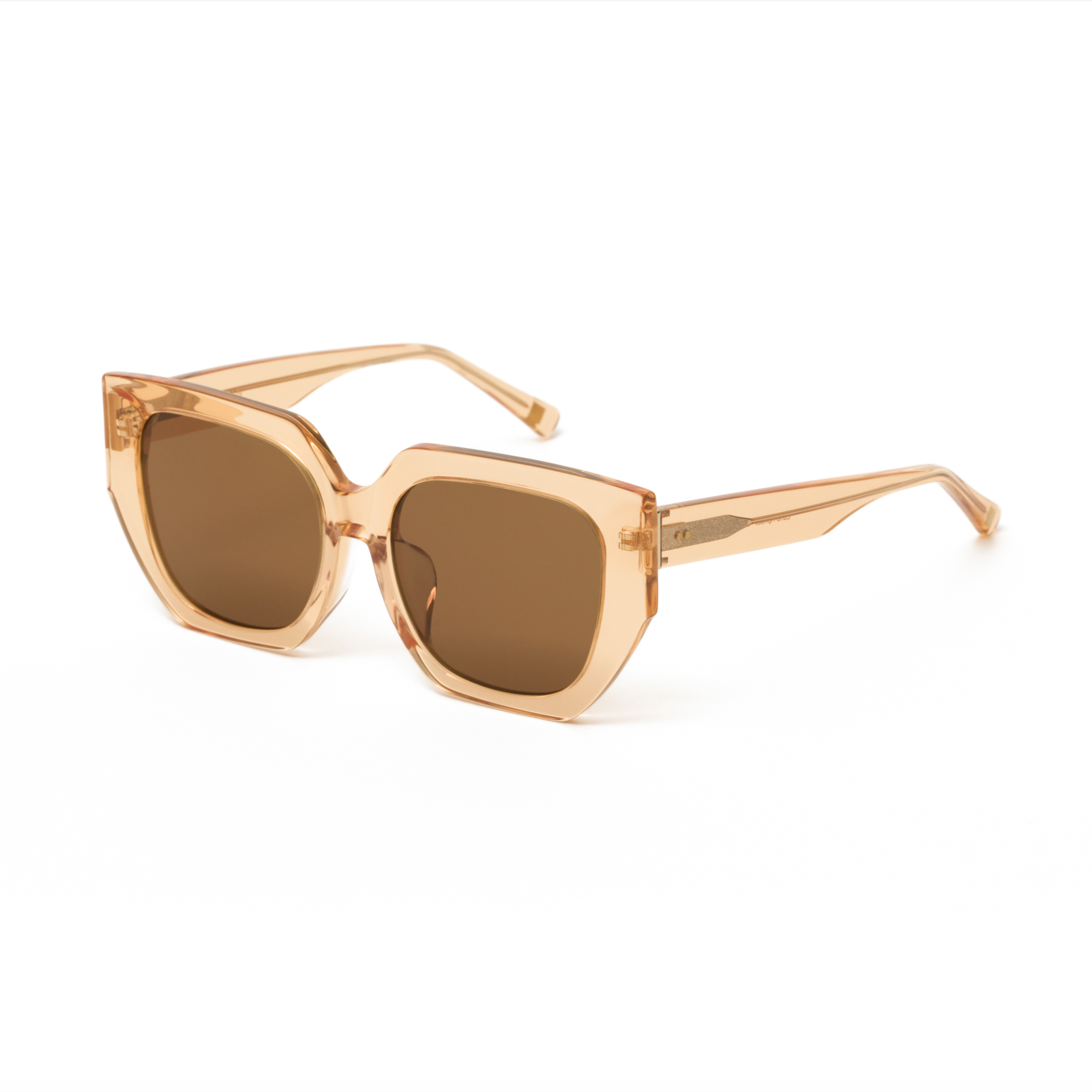 Luna - Apricot by KayTran Eyewear: beige, square sunglasses with brown lenses on a white background.