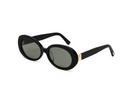Mara - Polished Black sunglasses by KayTran Eyewear, oval with dark lenses and gold arms, on a white background.