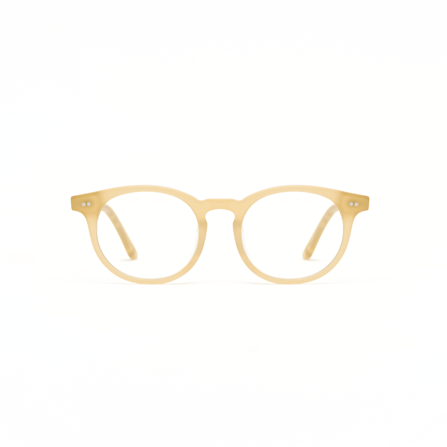 Bailey - Milky Honey round eyeglasses by KayTran Eyewear with clear lenses, on a white background.