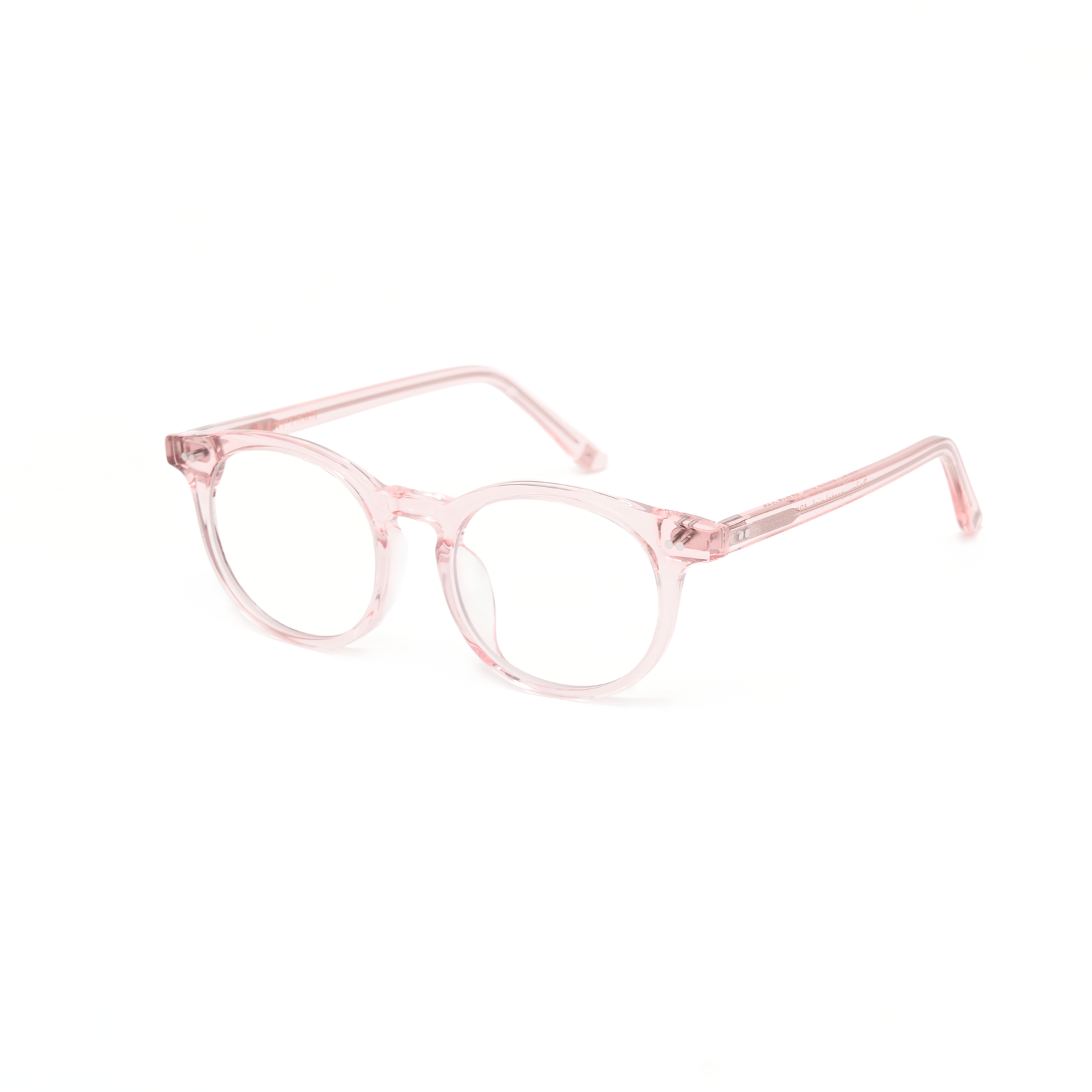 Bailey - Pastel Pink by KayTran Eyewear: clear pink round eyeglasses with transparent frames and arms.
