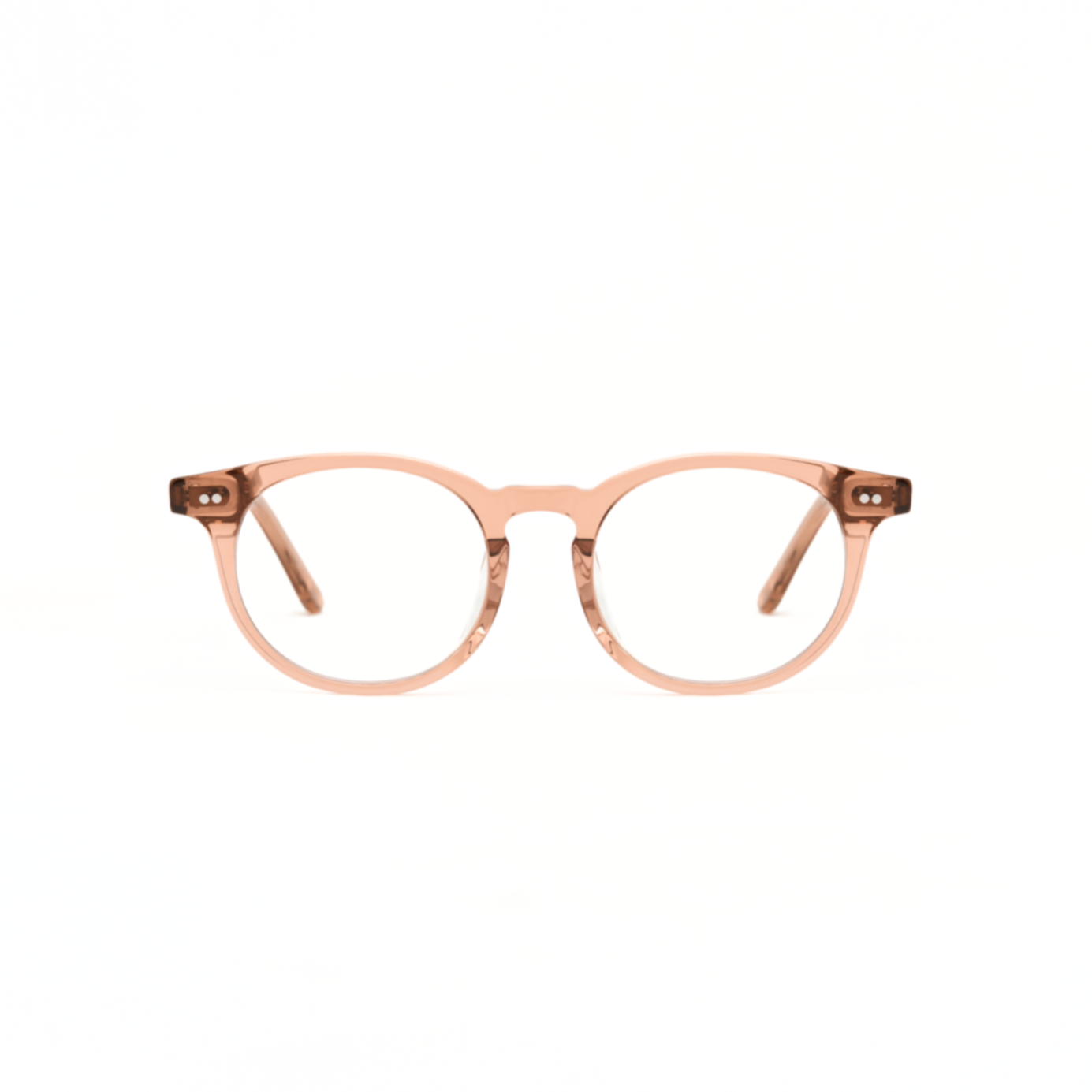 Bailey - Sienna by KayTran Eyewear: round, light brown frames with clear lenses on a white background.