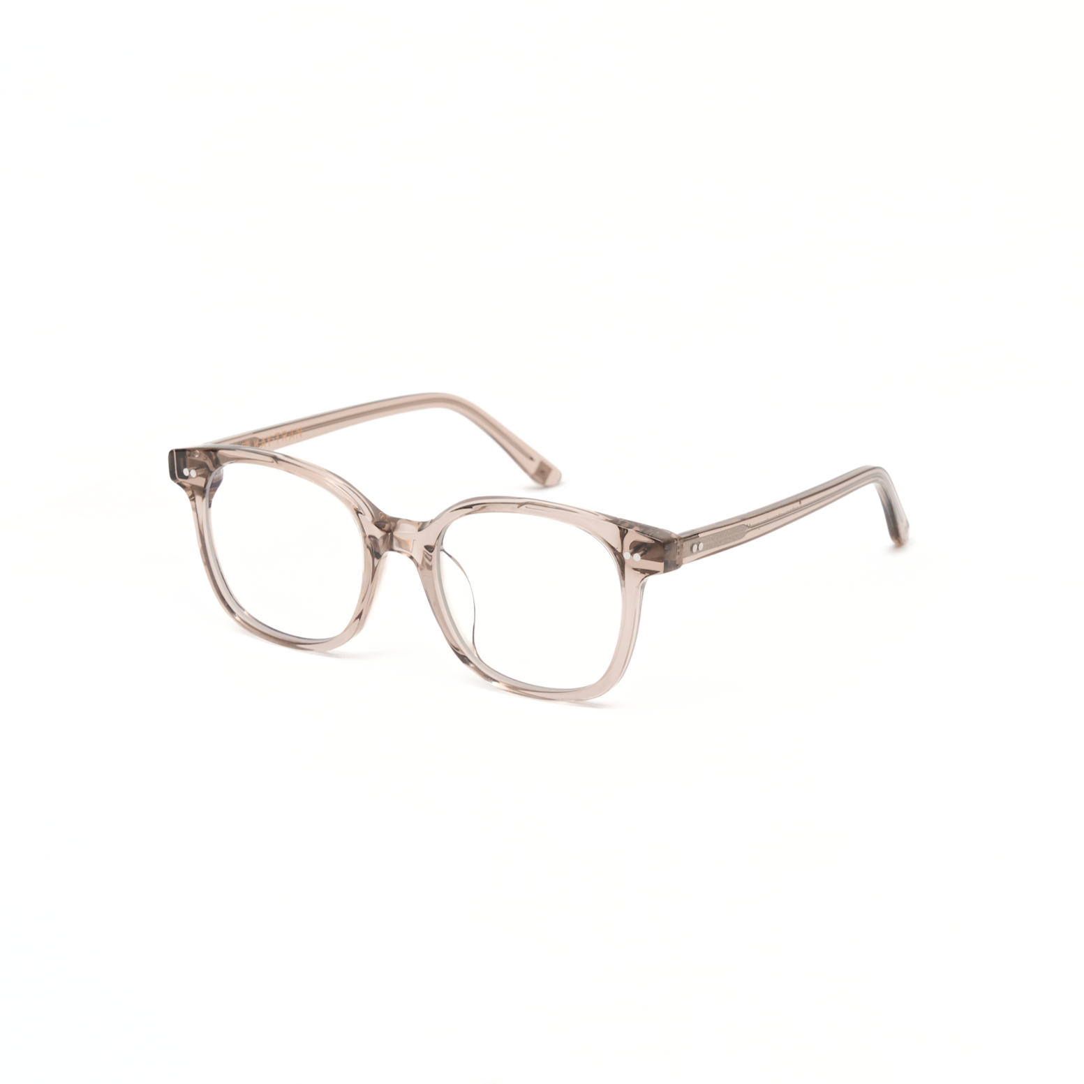 Easton - Stone Taupe by KayTran Eyewear: clear, rectangular eyeglasses with transparent brown frames on white.