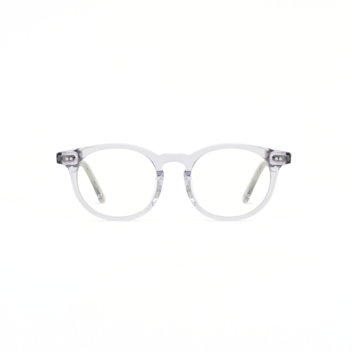 Bailey - Mist by KayTran Eyewear: clear, round eyeglasses with translucent frames on a plain white background.