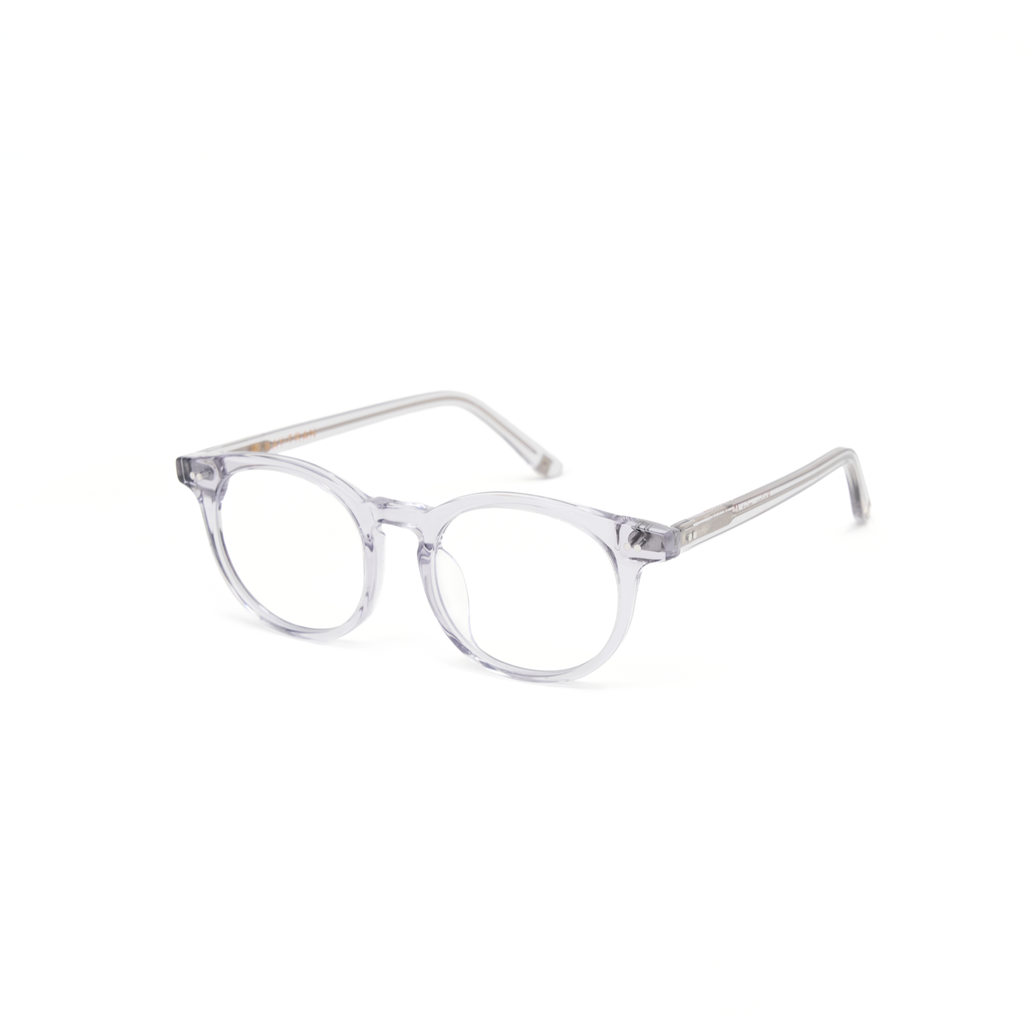 Bailey - Mist by KayTran Eyewear: clear-framed round prescription glasses shown angled on a white background.