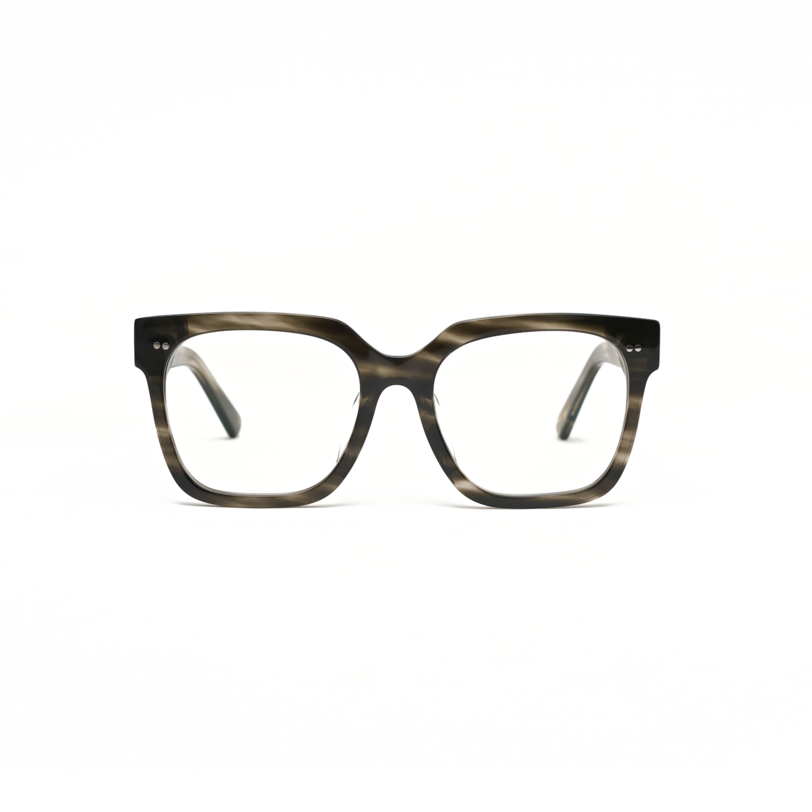 Andy - Graphite by KayTran Eyewear: square, tortoiseshell eyeglasses with clear lenses, front view on white background.
