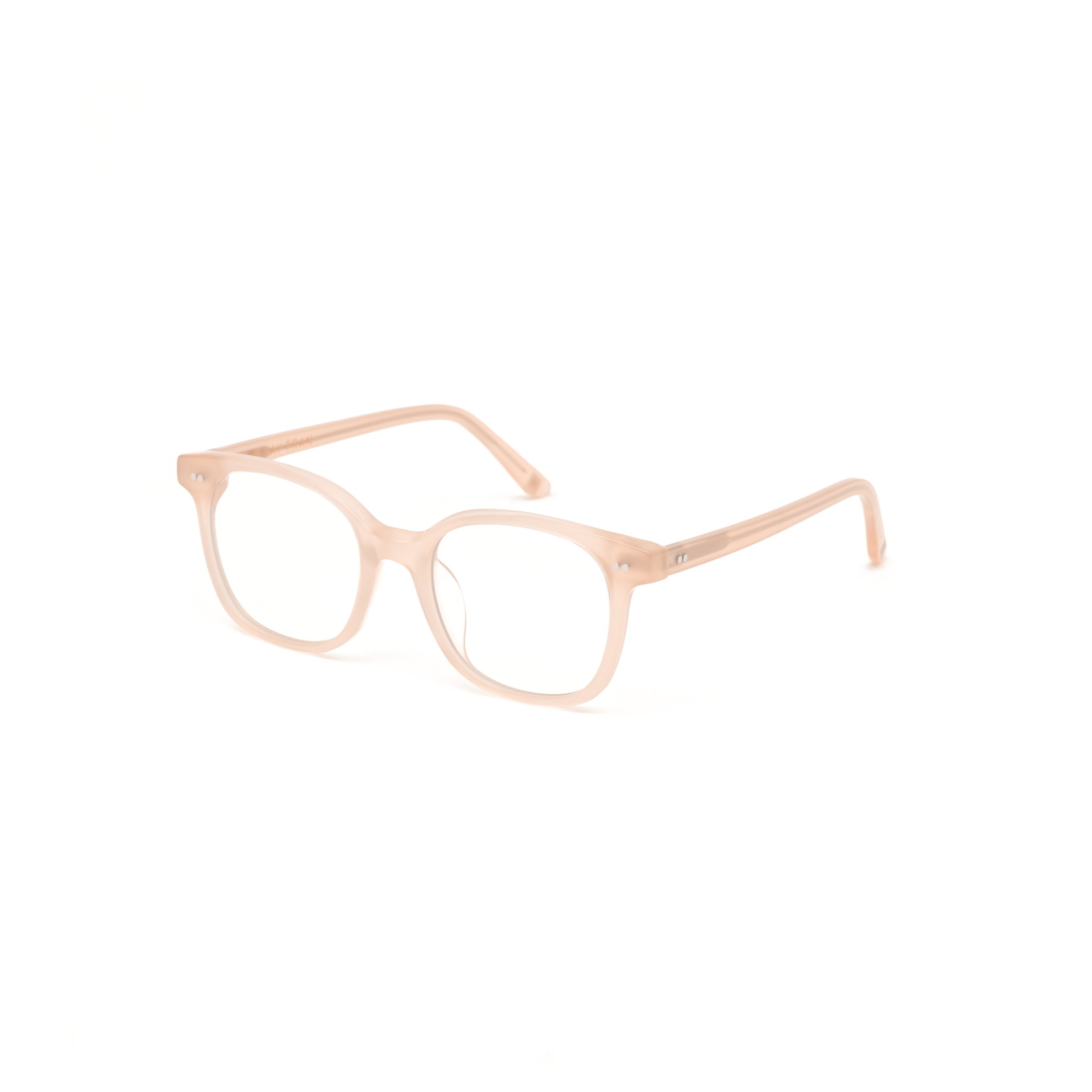 KayTran Eyewear’s Easton - Peach Blush rectangular eyeglasses in translucent beige, shown on a white background.