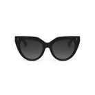 Aiden - Polished Black cat-eye sunglasses by kaytran eyewear with dark lenses and small metal accents on the corners.