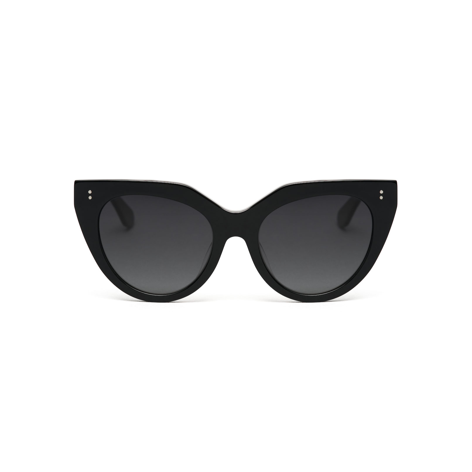 Aiden - Polished Black cat-eye sunglasses by kaytran eyewear with dark lenses and small metal accents on the corners.
