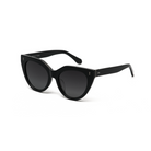 Aiden - Polished Black cat-eye sunglasses by kaytran eyewear, dark lenses, thick frames on a white background.