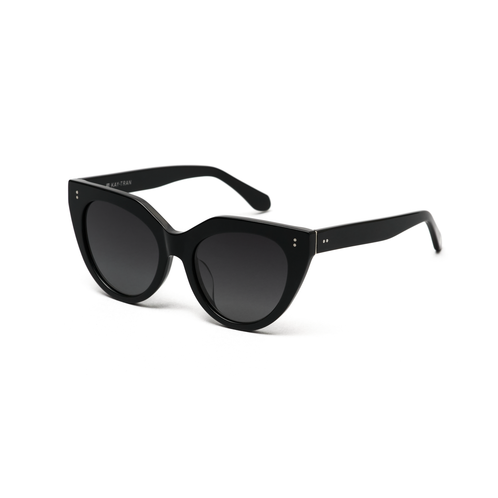 Aiden - Polished Black cat-eye sunglasses by kaytran eyewear, dark lenses, thick frames on a white background.