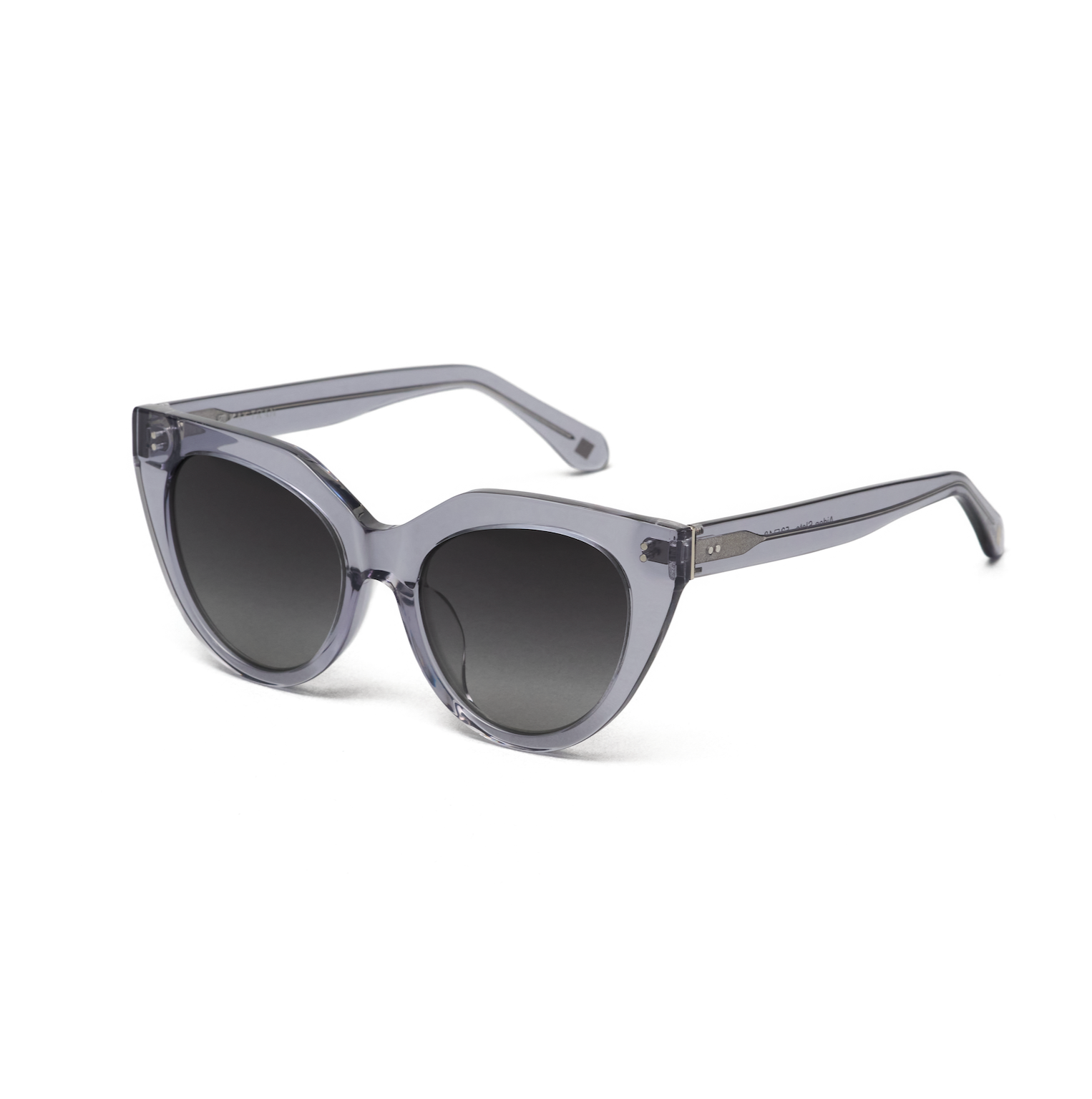Aiden - Slate by kaytran eyewear: transparent gray cat-eye sunglasses with dark lenses on white background.