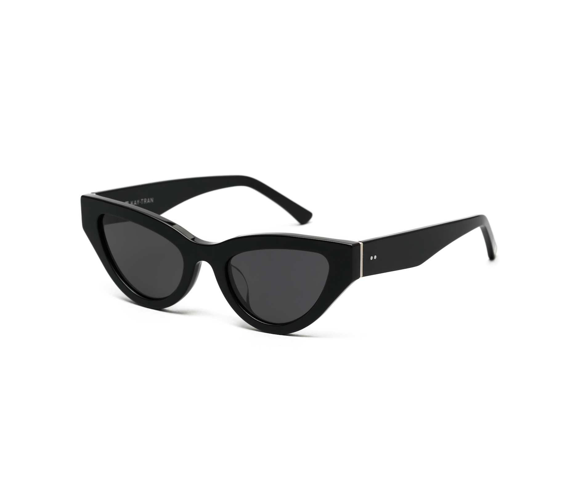 KayTran Eyewear Drew - Polished Black cat-eye sunglasses with thick frames and dark lenses on a white background.